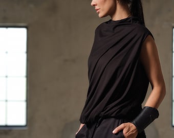 Black Avant-Garde Sleeveless Top, Double-Layered Viscose Blouse