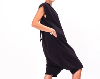 Black drop crotch jumpsuit women summer romper women, Cotton romper, Short leg jumpsuit womens black overalls women