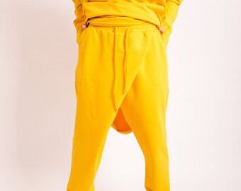 Yellow organic harem pants women plus size clothing, Loose harem pants women, Drop crotch pants, Sailor pants