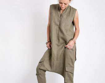 Linen jumpsuit women linen clothing women, Jumpsuit womens Khaki overalls women drop crotch, Khaki jumpsuit organic clothing