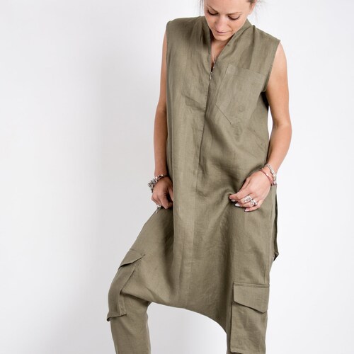 Linen jumpsuit women linen clothing women, Jumpsuit womens Khaki overalls women drop crotch, Khaki jumpsuit organic clothing