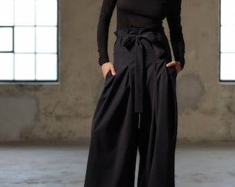 Schwarze weitem Bein Wollhose Frauen, hohe Taille Damenhose mit Gürtel, Plus-Size-Kleidung, übergroße Wollhose, Palazzo-Hose Frauen,