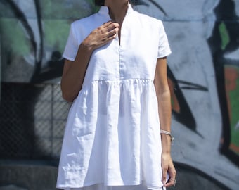 Túnica de lino blanco, camisa suelta, camisa de lino blanco, Kaftan asimétrico, camisa blanca para mujer, camisa de lino, top de lino, top de verano, Kaftan de lino