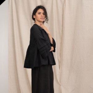 Black linen shirt women long sleeve linen clothing women, Womens linen top plus size clothing for women