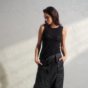Black Asymmetric Fine-Knit Women&#39;s Top, Sleeveless blouse women, Minimalist clothing women, Avant garde clothing, Plus sizes available