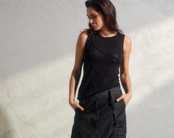 Black Asymmetric Fine-Knit Women's Top, Sleeveless blouse women, Minimalist clothing women, Avant garde clothing, Plus sizes available