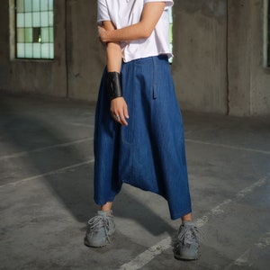 Avant garde Light Blue Denim Harem Pants with Asymmetrical Details, Drop Crotch Denim Pants Women, Baggy pants, Urban clothing image 3