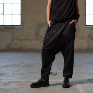 Black avant garde cotton drop crotch pants with asymmetrical buttons, Drop crotch pants women, Urban baggy trousers, Plus sizes available image 1