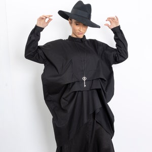 コットンシャツレディースブラックアバンギャルド服、長袖シャツ、オーバーサイズシャツレディース、ブラックコットンチュニックシャツレディース