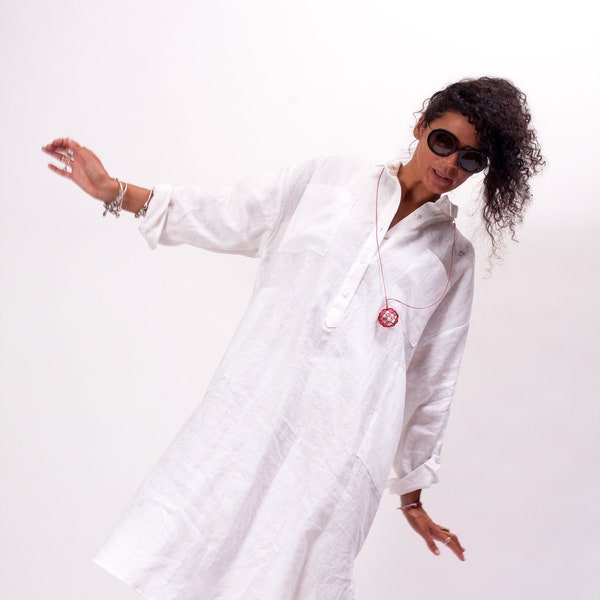 Robe en lin blanche pour femmes, vêtements en lin, robe maxi grande taille, robe chemise à manches longues, robe chemise surdimensionnée pour femmes, chemise tunique en lin blanc