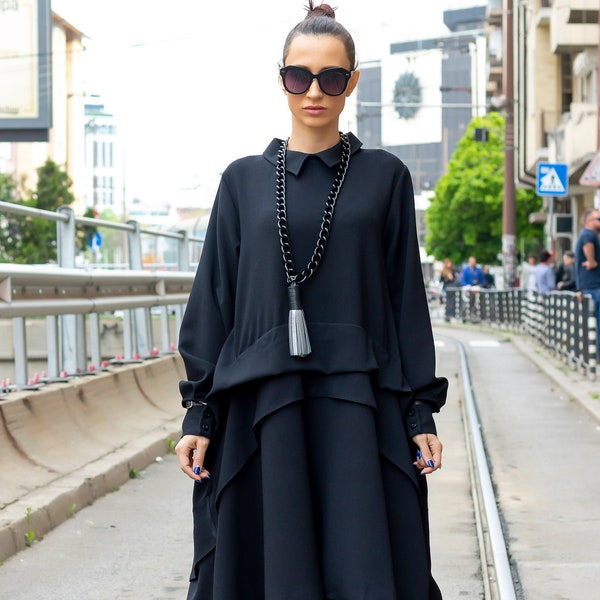 Avant Garde zwarte asymmetrische jurk, oversize losse jurk, plus size maxi-jurk, viscose jurk, extravagante lange jurk, formele jurk
