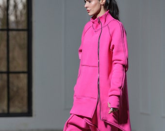 Asymmetrische gewatteerde katoenen hoodie, fuchsia biologisch sweatshirt, grote maat