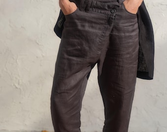 Summer linen baggy pants in Dark grey, Avant garde linen clothing, Drop crotch linen trousers women, Plus sizes available, Capsule wardrobe