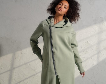 Asymmetrical Organic Quilted Cotton Hoodie, Green Tea, Plus Size