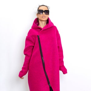 Hood winter coat with asymmetrical zipper, Hooded wool coat women, Asymmetrical ladies coat cyclamen oversized