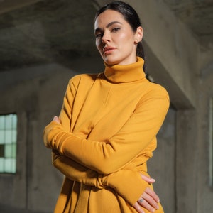 Asymmetrical set of two - cotton turtleneck top and drop crotch jumpsuit in mustard color, Organic women's plus size clothing avante garde