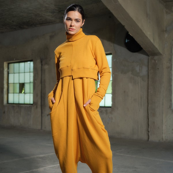 Asymmetrical set of two - cotton turtleneck top and drop crotch jumpsuit in mustard color, Organic women's plus size clothing avante garde