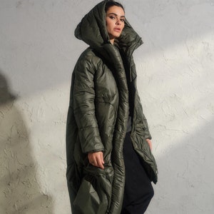 Avant garde black quilted transitional women&#39;s coat in Khaki, Oversized long puffer Jacket, Extravagant maxi coat with hood, Plus sizes