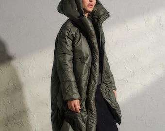 Avant garde quilted transitional women's coat in Khaki, Oversized long puffer Jacket, Extravagant maxi coat with hood, Plus sizes