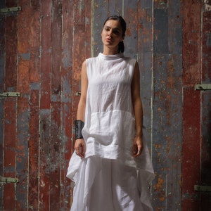 White summer linen dress linen clothing, Plus size maxi linen dress, Asymmetrical linen dress, Avant garde boho linen tunic dress