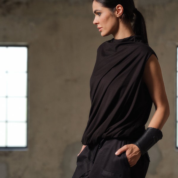 Schwarzes Top, Avantgarde Kleidung, ärmellose Bluse Frauen, Minimalistische Kleidung Frauen, futuristische Kleidung, in Übergrößen erhältlich