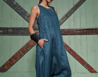 Summer linen jumpsuit women, Avant garde clothing, Petroleum blue summer overalls, Drop crotch jumpsuit linen clothing, Plus sizes available