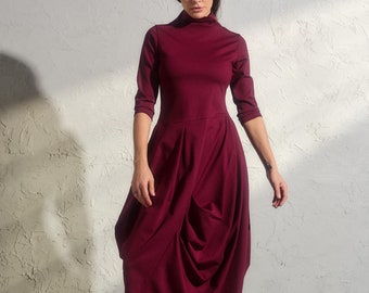 Asymmetric burgundy dress, Avant garde dress, Extravagant long viscose dress, Slow fashion, Capsule wardrobe, Sustainable clothes