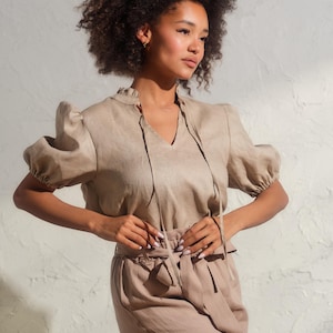 Summer linen blouse in Light beige, Organic linen puff sleeve top womens, Casual linen shirt, Linen clothing, Plus sizes available