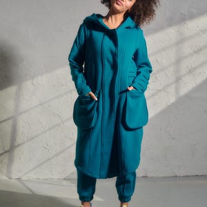 Asymmetrical quilted hoodie in Petrol Blue, Casual cotton jacket womens, Organic clothing, Winter sweatshirt, Plus sizes available