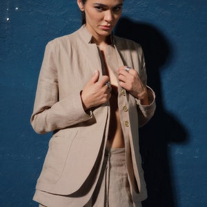 Blazer en lin avant-gardiste à double revers, veste de costume en lin beige femme vêtement en lin, garde-robe capsule, mode lente