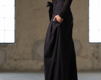 Black Wool Wide Leg Pants: High Waist Chic Trousers - Plus Sizes