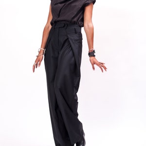 Black wide leg wool pants women, Elegant pants for fall, Wool clothing, Palazzo trousers womens, Plus sizes available, Slow fashion