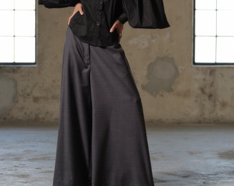 Wide leg merino wool pants women, Gray melange palazzo pants women, Plus sizes available, Floor length pants for fall, Organic clothing