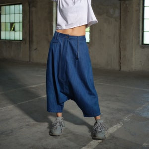 Avant garde Light Blue Denim Harem Pants with Asymmetrical Details, Drop Crotch Denim Pants Women, Baggy pants, Urban clothing image 1