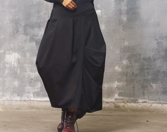 Zwarte gebreide stof rok midden taille, Punto Milano midi-lengte rok, Avant-garde rok, Steampunk rok, Formele rok