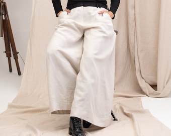 Linen palazzo pants women linen clothing, Beige wide leg linen pants women, Mid waisted pants women, Womens wide trousers