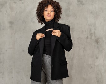 Black wool blazer women, Oversized blazer, Black suit jacket women wool clothing for women, Black blazer women