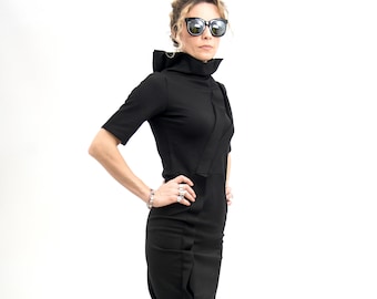 Robe steampunk vêtements d'avant-garde, robe asymétrique noire, longue robe noire vêtements goth pour femmes