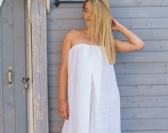 Strapless white linen jumpsuit womens, Avant garde summer boho wide leg linen overalls, Palazzo romper maxi linen clothing, Plus sizes