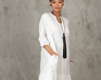 Summer white oversized cotton dress, Maxi long sleeved boho dress,  Plus size kaftan, White summer shirt dress, Casual cotton dress