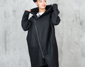 Black hood winter coat, Hooded wool coat women, Asymmetrical ladies coat oversized