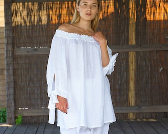 White linen blouse women, Plus size linen clothing women, White linen top, Oversized tunic