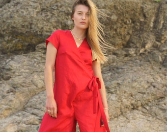 Wrap linen jumpsuit womens Red wide leg jumpsuit, Linen jumpsuit women linen clothing women, Red jumpsuit with belt organic clothing