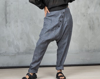 Gray melange linen harem pants women, Organic clothing navy pants for women, Capri harem pants women