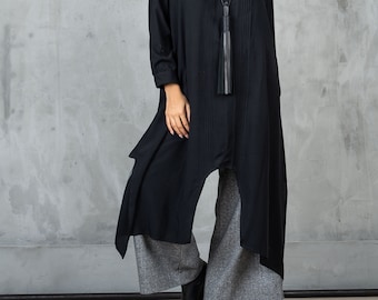 Black Plus Size Loose Shirt, Oversized Asymmetric Shirt, Black Long Tunic, Elegant Shirt Dress, Oversize Womens Shirt, Viscose Tunic