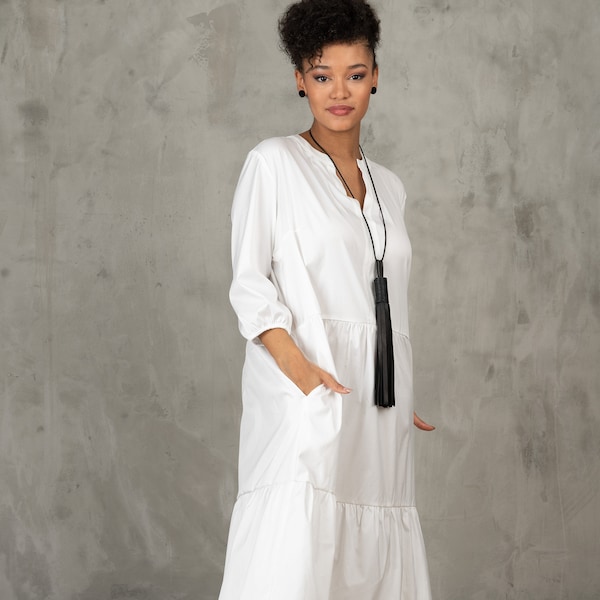 Robe en coton surdimensionnée blanche d’été, robe boho à manches longues Maxi, caftan taille Plus, robe chemise d’été blanche, robe en coton décontractée