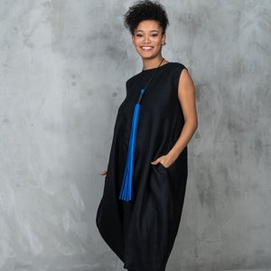 Avant garde black linen dress, Summer linen bubble dress, Asymmetrical boho dress, Plus size linen clothing, Organic clothes, Slow fashion