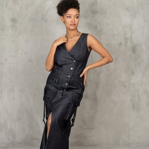 Denim cargo dress, Asymmetrical denim dress, Utility dress cargo pockets dress, Structured denim dress