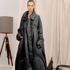 Avant garde black quilted transitional coat for women, Oversized women's puffer Jacket, Extravagant maxi coat with pockets