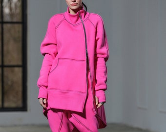Asymmetrical Quilted Organic Cotton Hoodie, Fuchsia Plus Size Jacket